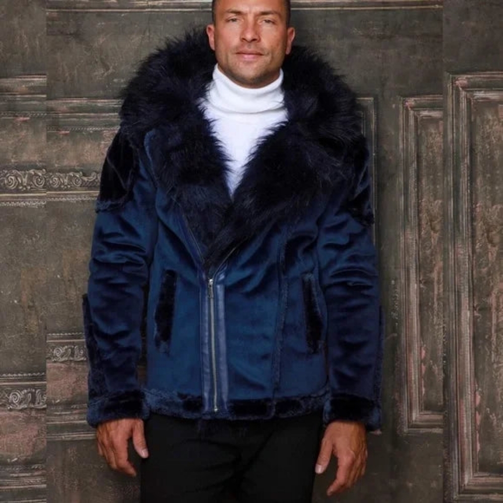 Men's Manzini Navy Faux Fur Coat NWT